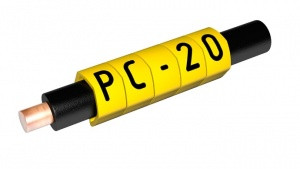 Návlečka na vodič 1,3-3mm (průřez 0,2-1,5mm2), L = 3mm, znak 'E', žlutá, 200ks v balení