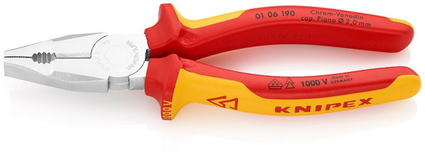 0106190 Szczypce KNIPEX combi. do 1000V, chromowane, rękojeści dwukomponentowe, długość 190mm