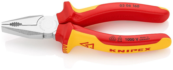 0306160 KNIPEX Kombizange bis 1000V, verchromt, Zwei-Komponenten-Griffe, Länge 160mm