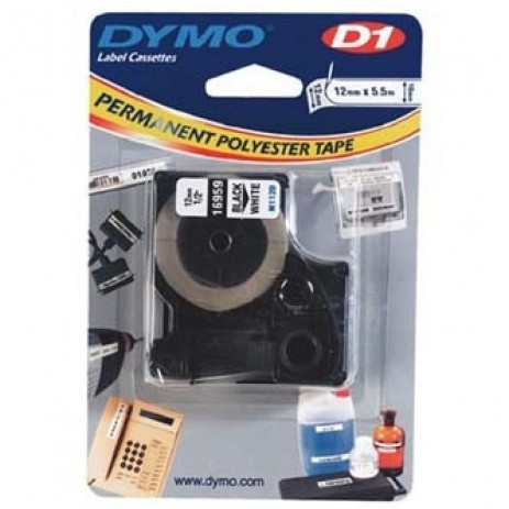 16959 DYMO tape D1 permanent polyester tape 12mm wide, black print/white backing, 3,5m roll