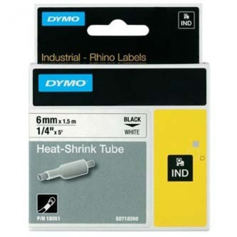 18051 DYMO flat shrink wrap 6mm wide for diameter 1,18-2,33mm, black print on white (1,5m)