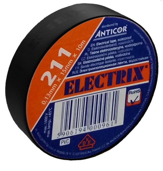 Electrical insulating tape, self-adhesive PVC, size 0,13x15mm/10m, use  10°C to  85°C, black