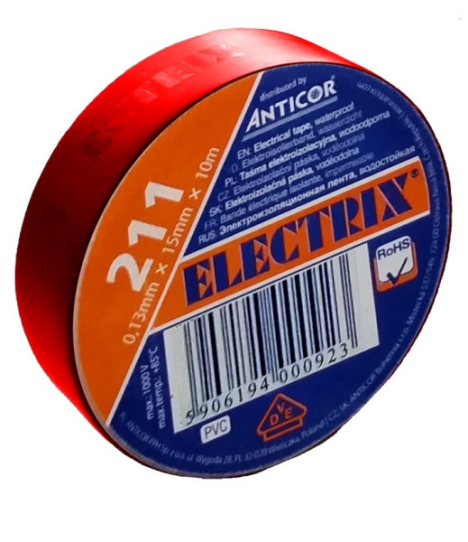 Electrical insulating tape, self-adhesive PVC, size 0,13x15mm/10m, use  10°C to  85°C, red