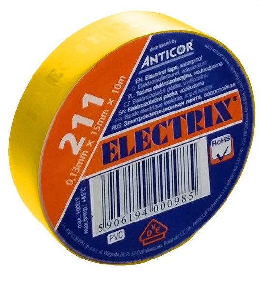 Electrical insulating tape, self-adhesive PVC, size 0,13x15mm/10m, use  10°C to  85°C, yellow
