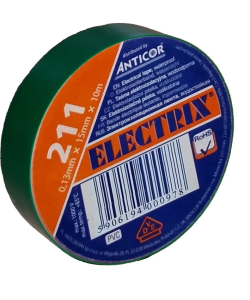Electrical insulating tape, self-adhesive PVC, size 0,13x19mm/20m, use  10°C to  85°C, green