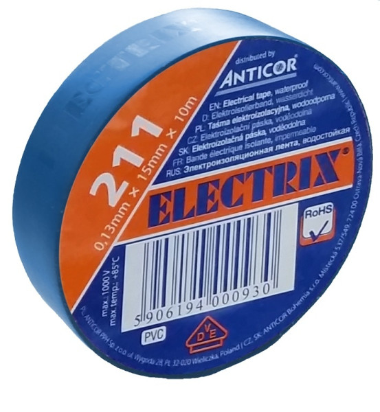 Electrical insulating tape, self-adhesive PVC, size 0,13x15mm/10m, use  10°C to  85°C, light blue