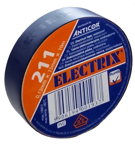 Electrical insulating tape, self-adhesive PVC, size 0,13x15mm/10m, use  10°C to  85°C, dark blue