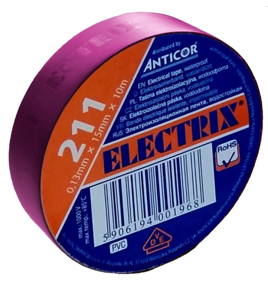 Electrical insulating tape, self-adhesive PVC, size 0,13x15mm/10m, use  10°C to  85°C, purple