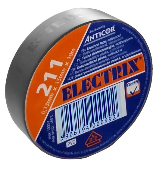 Electrical insulating tape self-adhesive PVC, size 0,13x15mm/10m, use  10°C to  85°C, grey