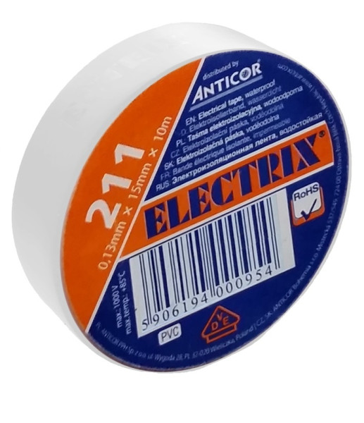 Electrical insulating tape, self-adhesive PVC, size 0,13x15mm/10m, use  10°C to  85°C, white