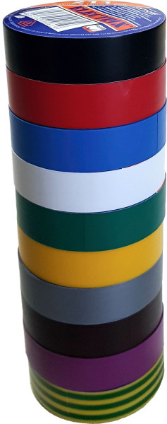 Electrical insulating tape, self-adhesive PVC, size 0,13x15mm/10m, use  10°C to  85°C, 10 colours