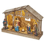 LED drevený vianočný betlehem, 19 cm, 3x AA, vnútorný, teplá biela, časovač