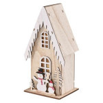 LED wooden decoration - house with snowmen, 28,5 cm, 2x AA, indoor, warm white, timer