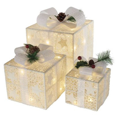 LED-Geschenke mit Dekoration, 3 Größen, innen, warmweiß