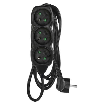 Extension cable - 3 sockets, 3m, black