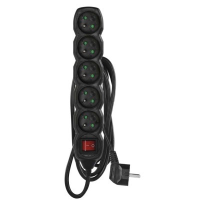 Extension cable 3 m / 5 sockets / with switch / black / PVC / 1.5 mm2