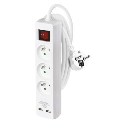 Extension cable 2 m / 3 sockets / with switch / white / PVC / with USB / 1.5 mm2
