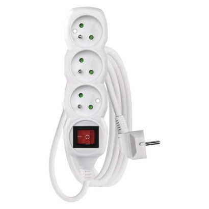 Extension cable 3 m / 3 sockets / with switch / white / PVC / 1.5 mm2