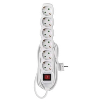 Extension cable 5 m / 6 sockets / with switch / white / PVC / 1.5 mm2