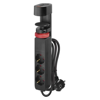 Przedłużacz 1,5 m/3 gniazda/przełącznik/mocowanie na biurku/USB/czarny/PVC/1,5 mm2