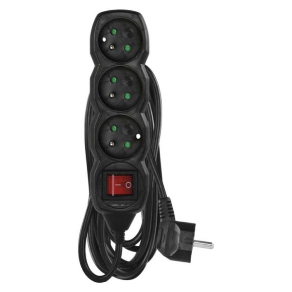 Extension cable 5 m / 3 sockets / with switch / black / PVC / 1 mm2