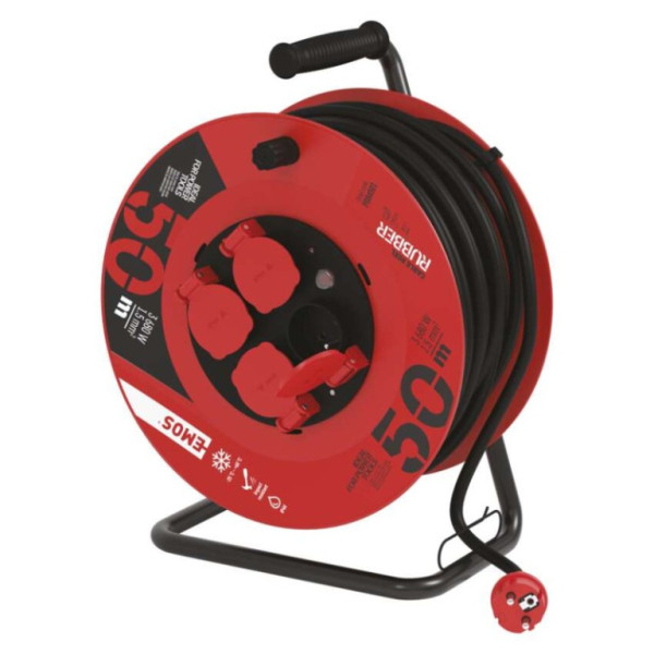 Outdoor extension cable on drum 50 m / 4 sockets / black / rubber / 230 V / 1.5 mm2