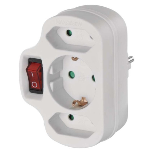 Gniazdo SCHUKO 2× płaskie   1× okrągłe z wyłącznikiem, białe