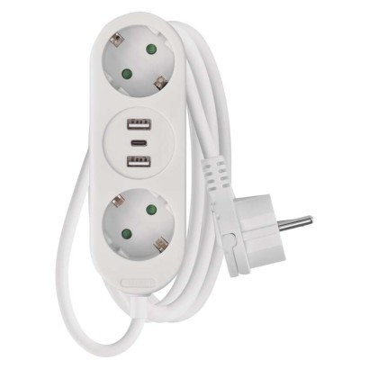 Predlžovací kábel 1,4 m / 2 zásuvky 2×USB-A 1×USB-C / biely / PVC / 1,5 mm2