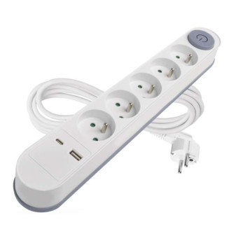 Przedłużacz 3 m / 5 gniazd / z przełącznikiem / biały / 1 × USB-A   1 × USB-C / 1,5 mm2