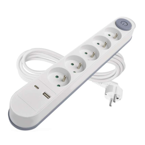 Przedłużacz 3 m / 5 gniazd / z przełącznikiem / biały / 1 × USB-A   1 × USB-C / 1,5 mm2