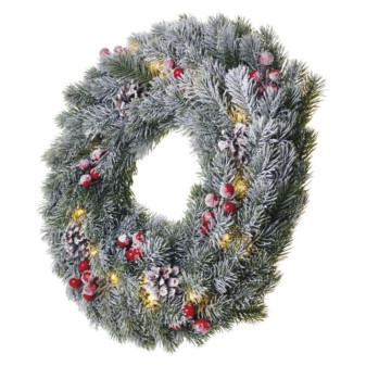 LED vianočný veniec pokrytý snehom, 38 cm, 2x AA, vnútorný, teplá biela, časovač