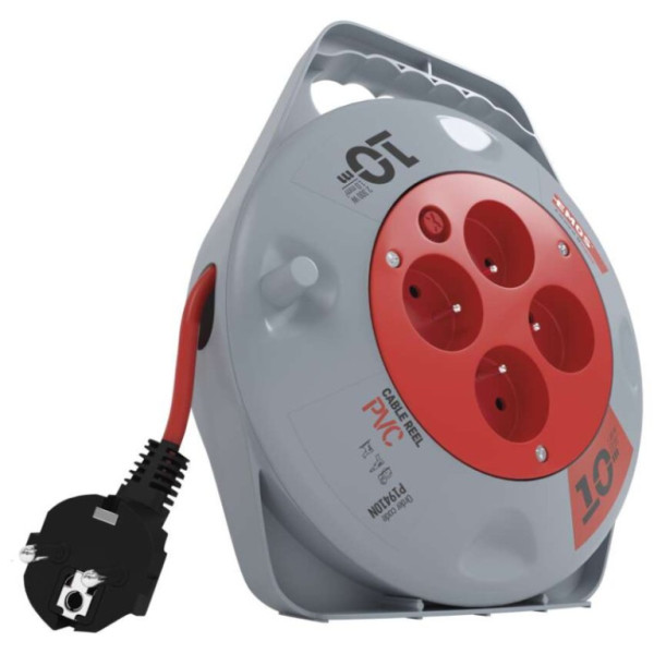 Przedłużacz na bębnie 10 m / 4 gniazda / czerwony / PVC / 230 V / 1 mm2