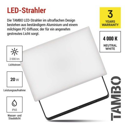 Reflektor LED TAMBO, 20 W, 2000 lm, IP65, czarny