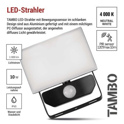 LED reflektor TAMBO so senzorom pohybu, 10 W, 1000 lm, čierny