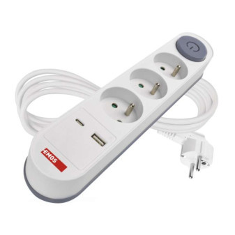 Predlžovací kábel 2 m / 3 zásuvky / s vypínačom / biely / 1×USB-A   1×USB-C / 1,5 mm2