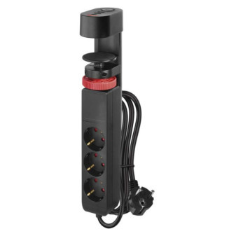 Przedłużacz 1,5 m/3 gniazda/przełącznik/mocowanie na biurku/USB/czarny/PVC/1,5 mm2