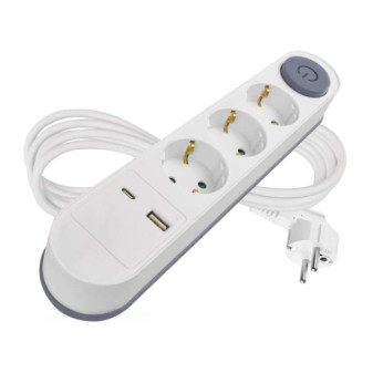 Extension cable 2 m / 3 sockets / with switch / white / 1× USB-A   1× USB-C / 1.5 mm2