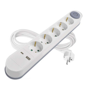 Verlängerungskabel 3 m / 5 Buchsen / mit Schalter / weiß / 1× USB-A   1× USB-C / 1,5 mm2