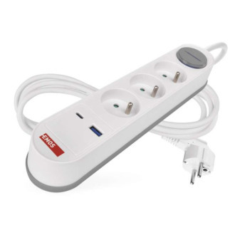 Verlängerungskabel 2 m / 3 Buchsen / mit Schalter / weiß-grau / 1×USB-A   1×USB-C / 1,5 mm2