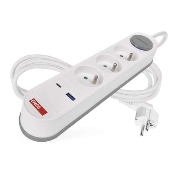 Verlängerungskabel 2 m / 3 Buchsen / mit Schalter / weiß-grau / 1×USB-A   1×USB-C / 1,5 mm2