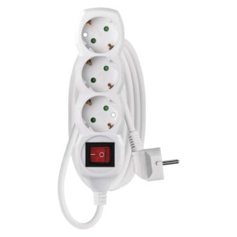 Extension cable 2 m / 3 sockets / with switch / white / PVC / 1 mm2