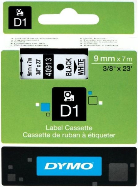 40913 DYMO tape D1 selbstklebendes Kunststoffband 9mm, schwarzer Druck auf weißem Band, 7m Rolle