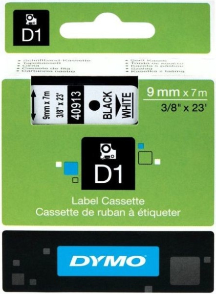 40913 Taśma DYMO D1 samoprzylepna taśma plastikowa 9 mm, czarny nadruk na białej taśmie, rolka 7 m