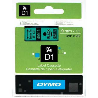 40919 DYMO tape D1 selbstklebendes Kunststoffband 9mm, schwarzer Druck auf grünem Band, 7m Rolle