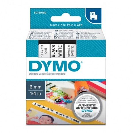 43613 DYMO tape D1 plastic 6mm, black print/white backing, 7m roll