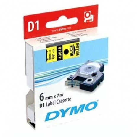 43618 DYMO tape D1 plastic 6mm, black print/yellow backing, 7m roll