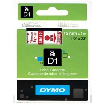 45012 Taśma DYMO D1 plastikowa 12mm, czerwony nadruk/przezroczysty nośnik, rolka 7m