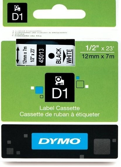45013 DYMO tape D1 plastic 12mm, black print/white backing, 7m roll