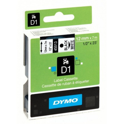 45013 Klebeband kompatibel DYMO D1 Kunststoff 12mm, schwarzer Druck/weißes Trägermaterial, 7m Rolle