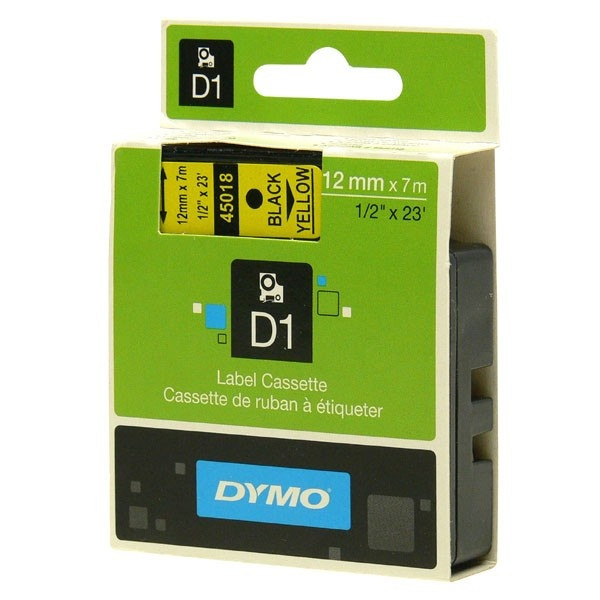 45018 DYMO tape D1 plastic 12mm, black print/yellow backing, 7m roll